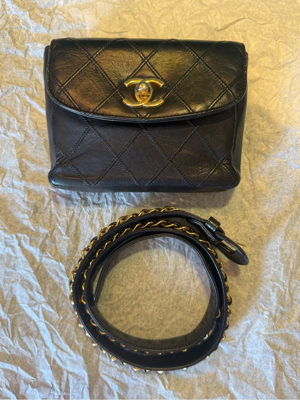 CHANEL Black Quilted Leather Belt Bag with Gold Chain Strap - Picture 2 of 16